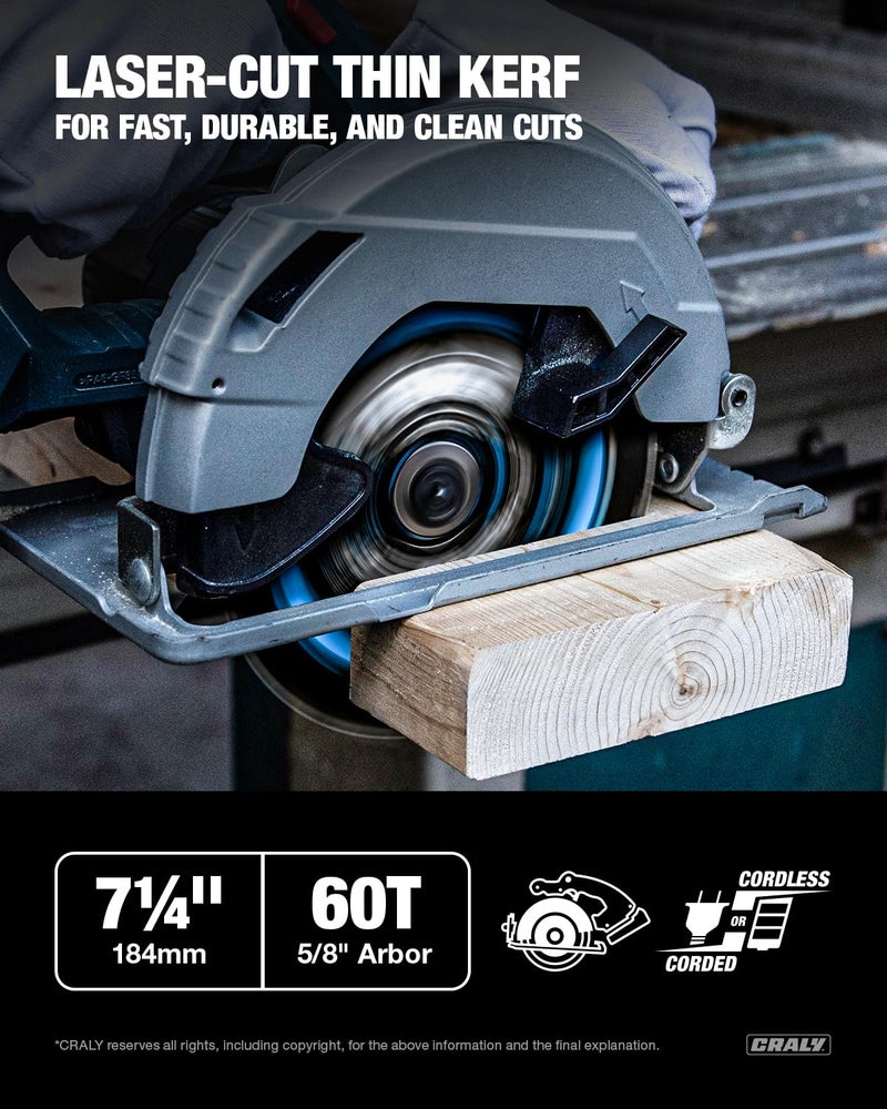 CRALY 7-1/4 Inch 24&60 Teeth Wood Cutting Framing/Fine Finish Circular Saw Blade, 5/8 Inch Arbor, Carbide Tipped, Thin Kerf, Black Ice™ Coating, for Plywood, MDF, OSB, Laminated, 2-Pack(C072460-2C) - Image 3